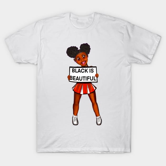 Black is beautiful black girl cheerleader with Afro hair in puffs, dimples, brown eyes and dark brown skin side profile. Hair love ! T-Shirt by Artonmytee